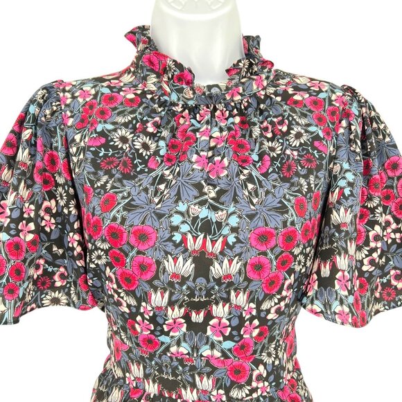 Julia Jordan Floral Ruffle Neck Flutter Sleeve Midi Dress Black Multi Size 2 - Picture 3 of 11